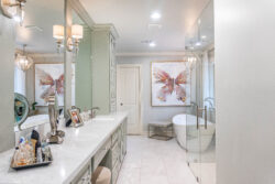 Continental Master Bathroom Modern bathroom with white tile and white counter tops free standing tub full glass shower