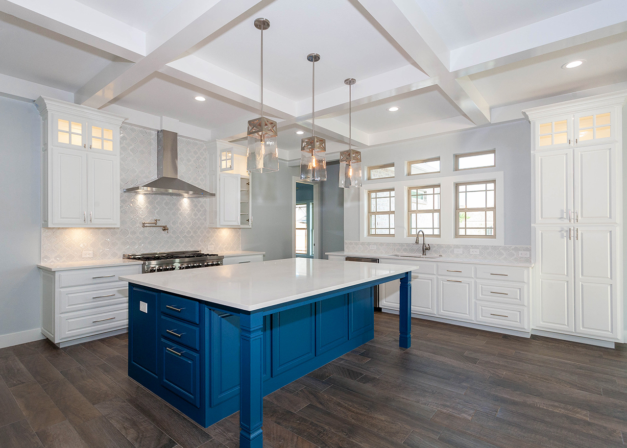 blue kitchen island kitchen coffer ceiling modern custom home