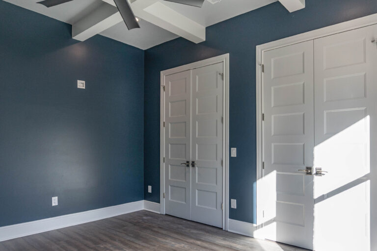 Boyt modern home study brown wood look tile flooring white trim coffer ceiling