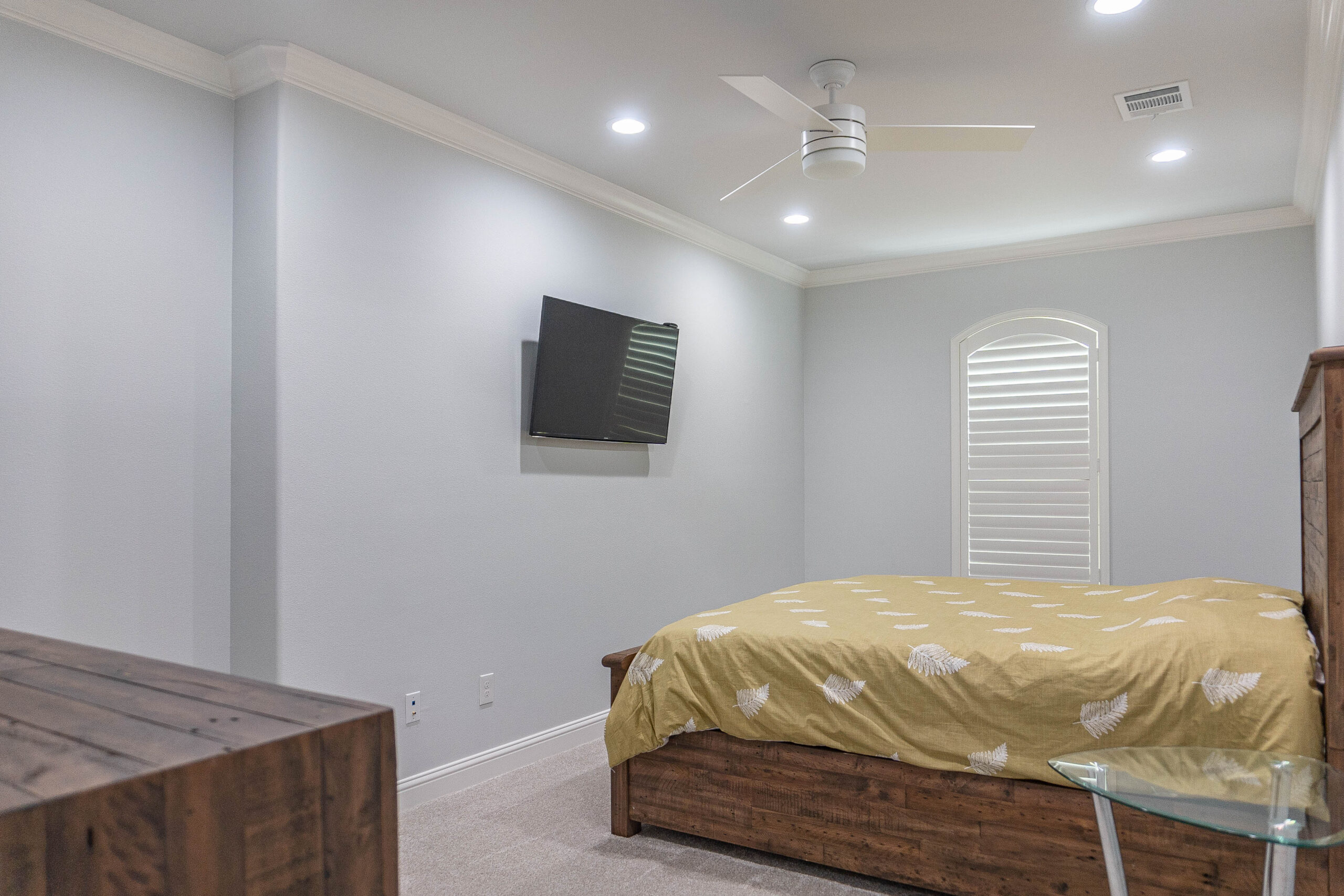 Esplanade modern home bedroom tan carpet blue walls white trim
